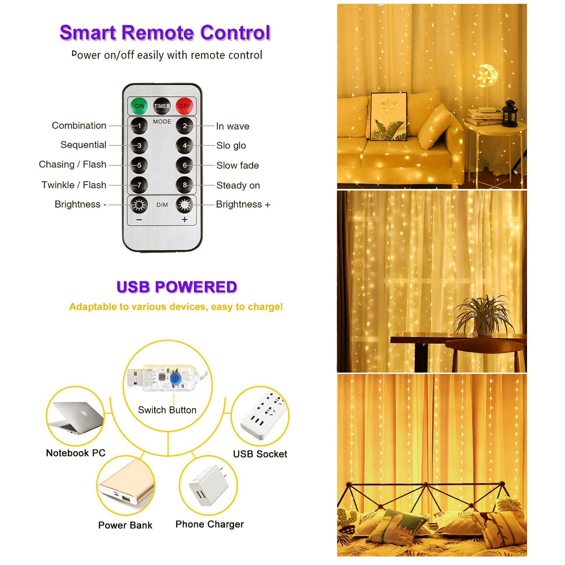 Lezonic Curtain Fairy Lights, 3m×3m 300LED Fairy Lights with 8 Modes Remote Control Timer Adjustable Brightness, Curtain Light Plug in for Bedroom, Garden, Party, Wedding,Christmas (Warm White)
