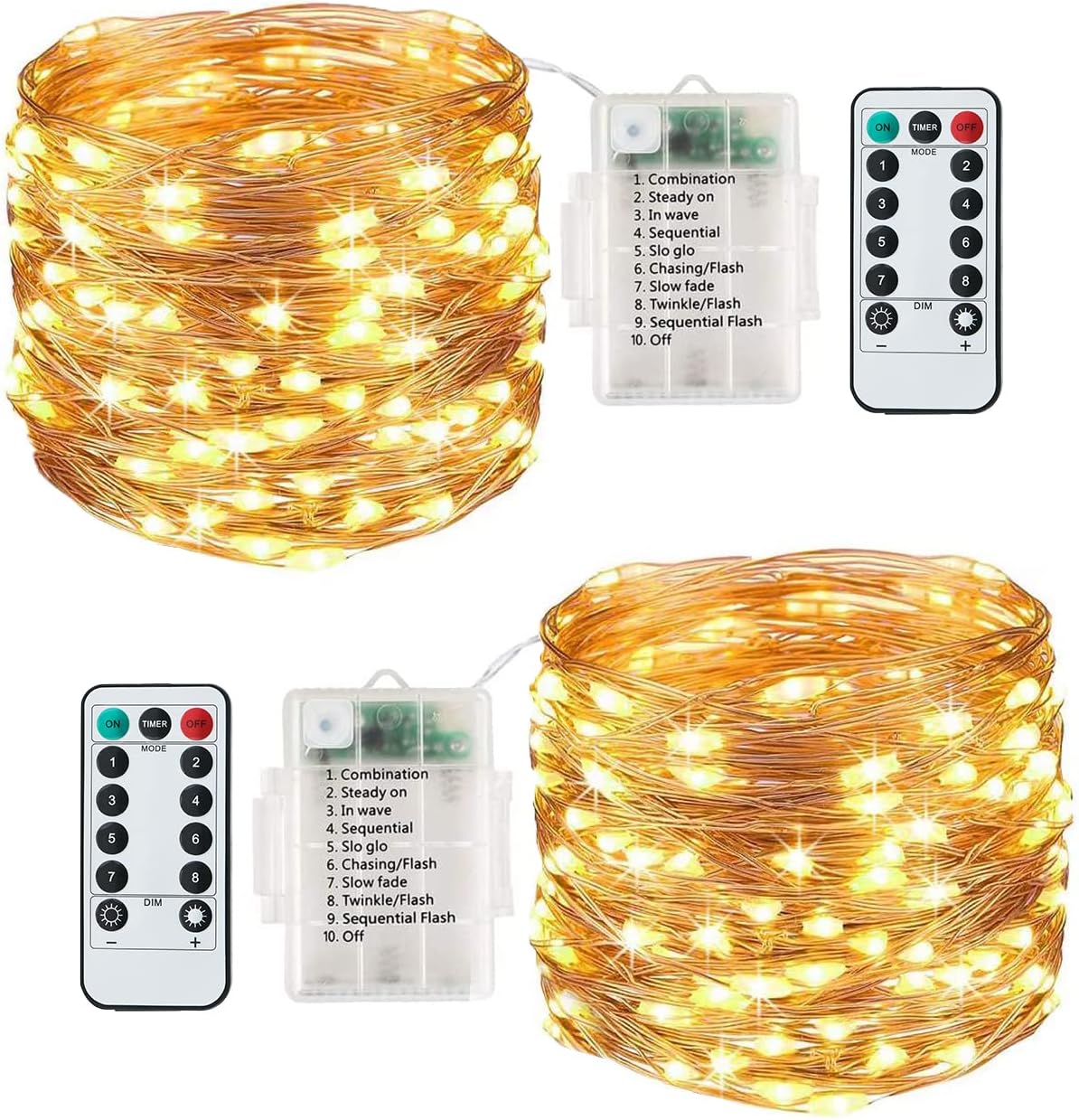 Lezonic [2 Pack Fairy Lights, 120LEDs 13M 8 Modes String Lights Battery Operated, Indoor/Outdoor with Remote Timer for Bedroom, Party, Wedding, Christmas Decorations(Warm White)