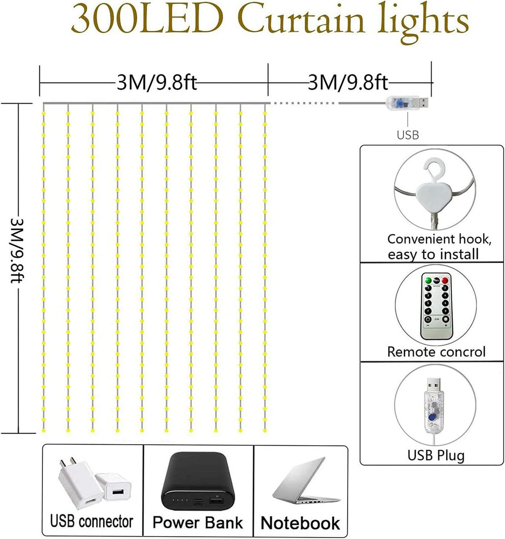 Lezonic Curtain Fairy Lights, 3m×3m 300LED Fairy Lights with 8 Modes Remote Control Timer Adjustable Brightness, Curtain Light Plug in for Bedroom, Garden, Party, Wedding,Christmas (Warm White)