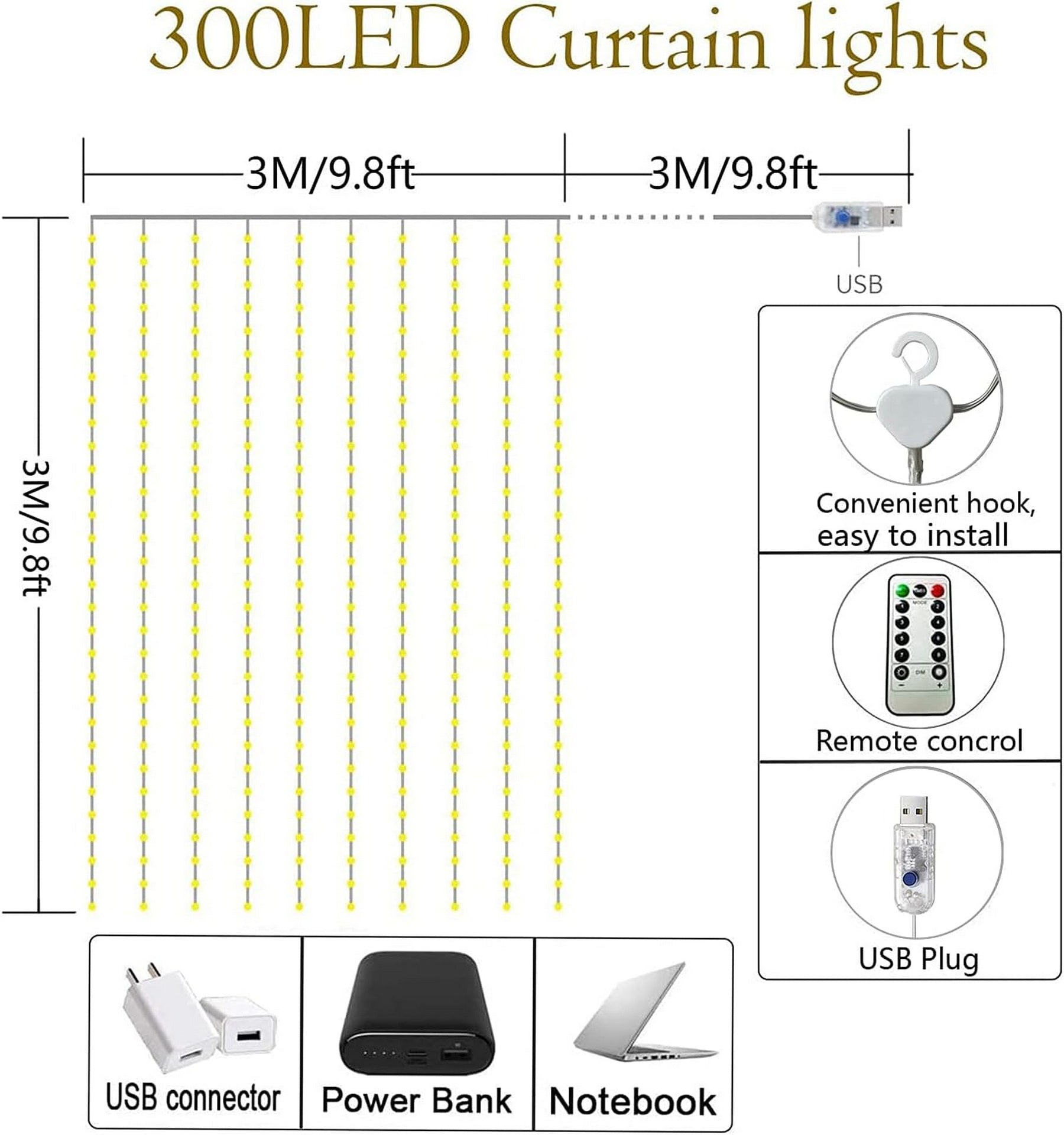 Lezonic Curtain Fairy Lights, 3m×3m 300LED Fairy Lights with 8 Modes Remote Control Timer Adjustable Brightness, Curtain Light Plug in for Bedroom, Garden, Party, Wedding,Christmas (Warm White)
