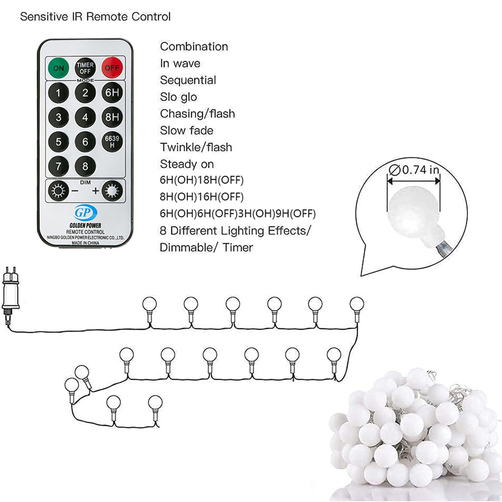 Fairy Lights Plug in 120 LEDs, 12M/39ft Globe String Lights Mains Powered, 8 Modes with Remote Timer Control Christmas Lights Outdoor/Indoor for Bedroom, Party, Wedding Decorations (Multi-Coloured)
